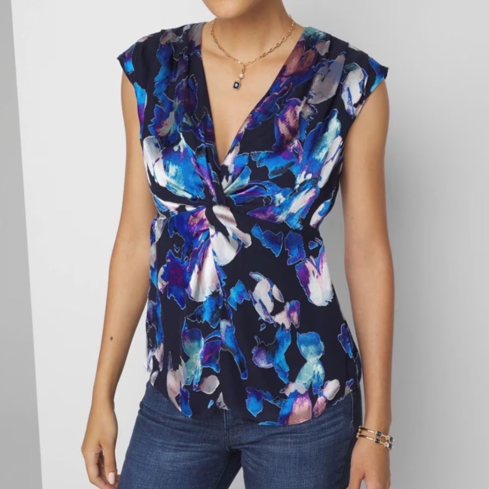 White House Black Market Burnout Floral Twist Front Silk Blend Top 6 Office Work